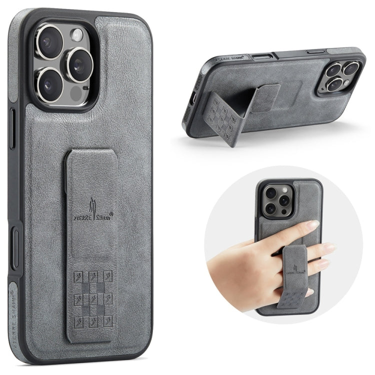 For iPhone 16 Pro Max Fierre Shann Oil Wax Cow Leather Holder Back Phone Case(Grey) by FIERRE SHANN