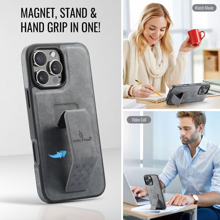 For iPhone 16 Pro Max Fierre Shann Oil Wax Cow Leather Holder Back Phone Case(Grey) by FIERRE SHANN