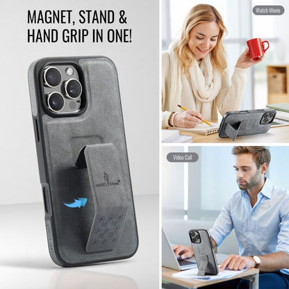For iPhone 16 Pro Max Fierre Shann Oil Wax Cow Leather Holder Back Phone Case(Grey) by FIERRE SHANN