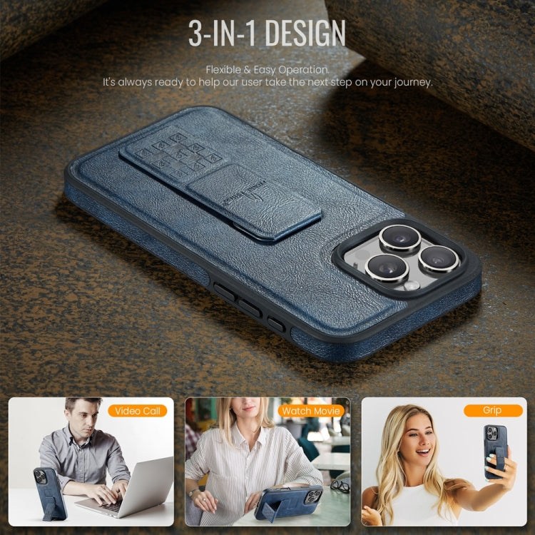 For iPhone 16 Pro Max Fierre Shann Oil Wax Cow Leather Holder Back Phone Case(Blue) by FIERRE SHANN