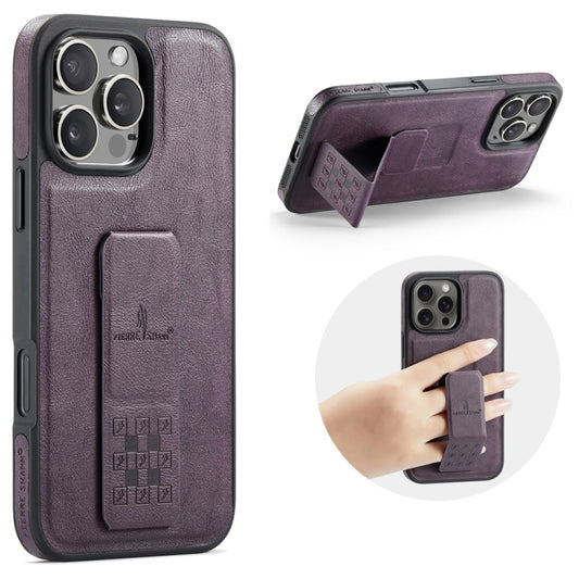 For iPhone 16 Pro Max Fierre Shann Oil Wax Cow Leather Holder Back Phone Case(Purple) by FIERRE SHANN