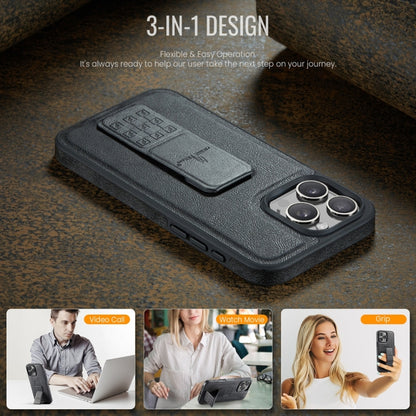 For iPhone 16 Pro Fierre Shann Oil Wax Cow Leather Holder Back Phone Case(Black) by FIERRE SHANN