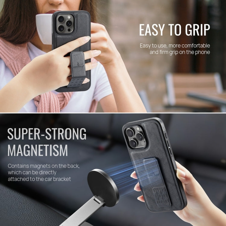 For iPhone 16 Pro Fierre Shann Oil Wax Cow Leather Holder Back Phone Case(Black) by FIERRE SHANN