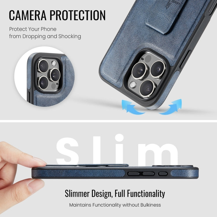 For iPhone 16 Pro Fierre Shann Oil Wax Cow Leather Holder Back Phone Case(Blue) by FIERRE SHANN