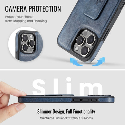 For iPhone 16 Pro Fierre Shann Oil Wax Cow Leather Holder Back Phone Case(Blue) by FIERRE SHANN