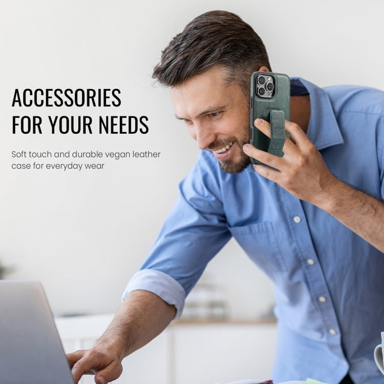 For iPhone 16 Pro Fierre Shann Oil Wax Cow Leather Holder Back Phone Case(Green) by FIERRE SHANN