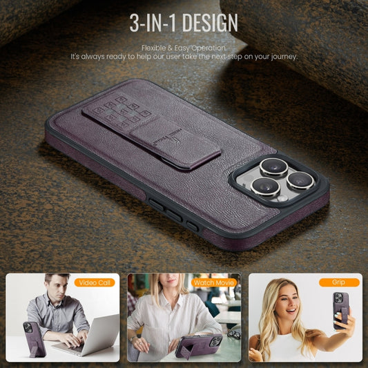 For iPhone 16 Pro Fierre Shann Oil Wax Cow Leather Holder Back Phone Case(Purple) by FIERRE SHANN