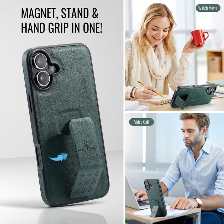 For iPhone 16 Plus Fierre Shann Oil Wax Cow Leather Holder Back Phone Case(Green) - iPhone 16 Plus Cases by FIERRE SHANN | Online Shopping UK | buy2fix
