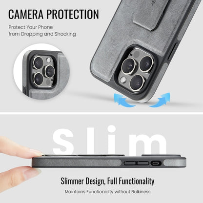 For iPhone 15 Pro Max Fierre Shann Oil Wax Cow Leather Holder Back Phone Case(Grey) - iPhone 15 Pro Max Cases by FIERRE SHANN | Online Shopping UK | buy2fix