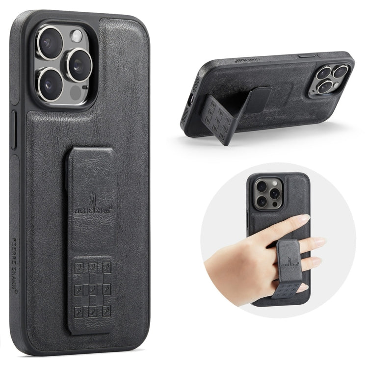 For iPhone 15 Pro Fierre Shann Oil Wax Cow Leather Holder Back Phone Case(Black) - iPhone 15 Pro Cases by FIERRE SHANN | Online Shopping UK | buy2fix