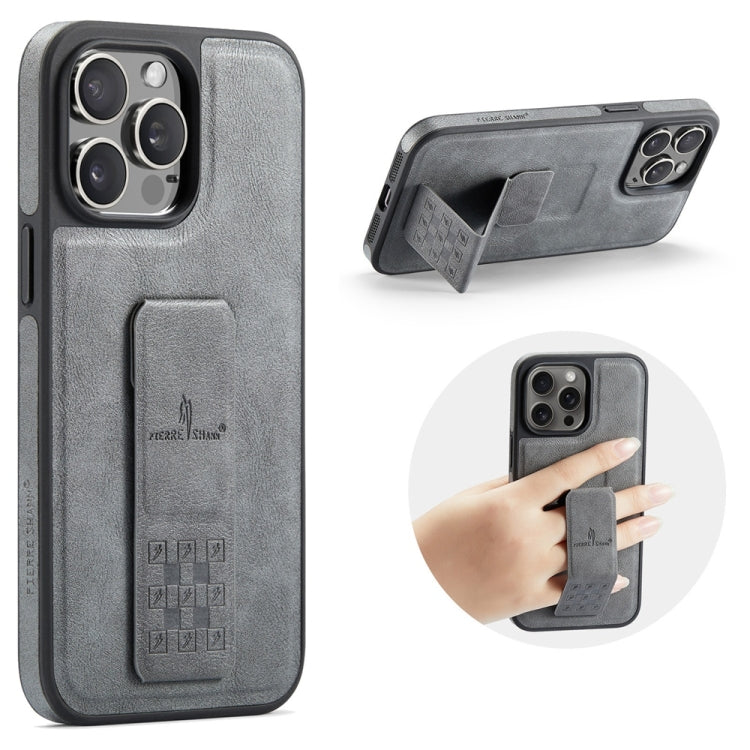 For iPhone 15 Pro Fierre Shann Oil Wax Cow Leather Holder Back Phone Case(Grey) - iPhone 15 Pro Cases by FIERRE SHANN | Online Shopping UK | buy2fix