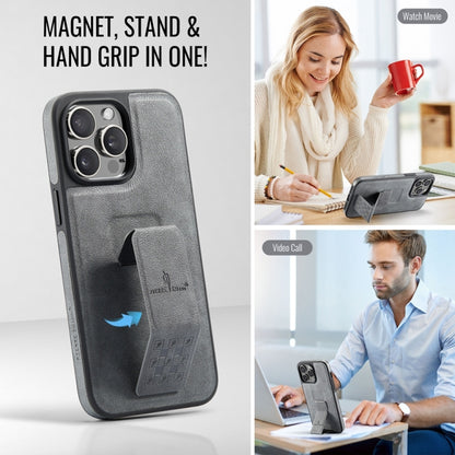 For iPhone 15 Pro Fierre Shann Oil Wax Cow Leather Holder Back Phone Case(Grey) - iPhone 15 Pro Cases by FIERRE SHANN | Online Shopping UK | buy2fix