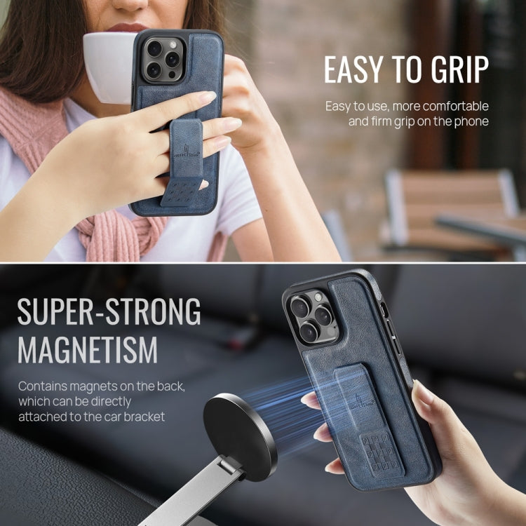 For iPhone 15 Pro Fierre Shann Oil Wax Cow Leather Holder Back Phone Case(Blue) - iPhone 15 Pro Cases by FIERRE SHANN | Online Shopping UK | buy2fix