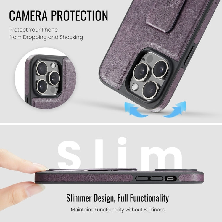 For iPhone 15 Pro Fierre Shann Oil Wax Cow Leather Holder Back Phone Case(Purple) - iPhone 15 Pro Cases by FIERRE SHANN | Online Shopping UK | buy2fix
