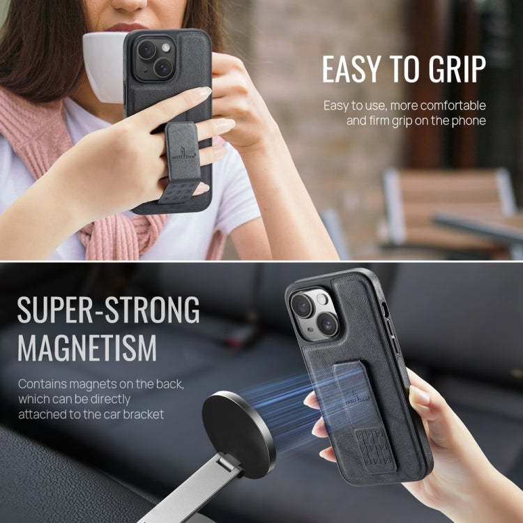 For iPhone 15 Fierre Shann Oil Wax Cow Leather Holder Back Phone Case(Black) - iPhone 15 Cases by FIERRE SHANN | Online Shopping UK | buy2fix