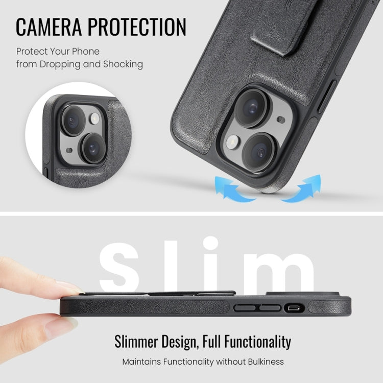 For iPhone 15 Fierre Shann Oil Wax Cow Leather Holder Back Phone Case(Black) - iPhone 15 Cases by FIERRE SHANN | Online Shopping UK | buy2fix