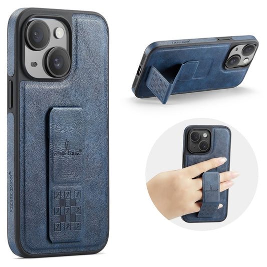For iPhone 15 Fierre Shann Oil Wax Cow Leather Holder Back Phone Case(Blue) - iPhone 15 Cases by FIERRE SHANN | Online Shopping UK | buy2fix