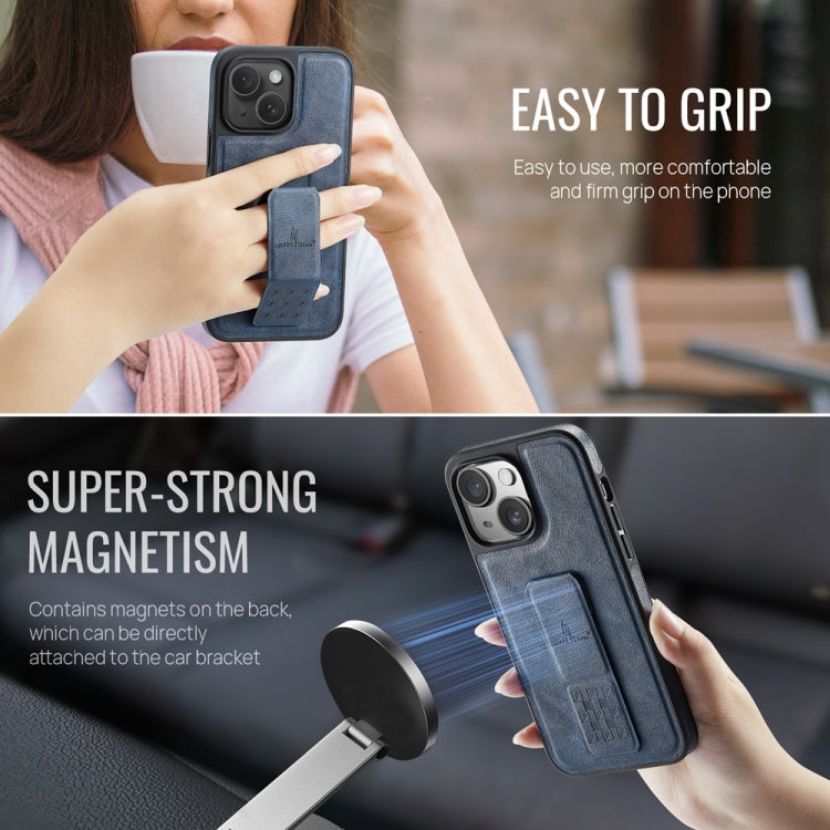 For iPhone 15 Fierre Shann Oil Wax Cow Leather Holder Back Phone Case(Blue) - iPhone 15 Cases by FIERRE SHANN | Online Shopping UK | buy2fix