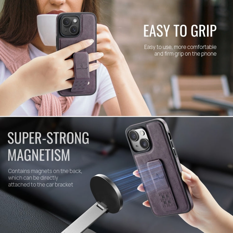 For iPhone 15 Fierre Shann Oil Wax Cow Leather Holder Back Phone Case(Purple) - iPhone 15 Cases by FIERRE SHANN | Online Shopping UK | buy2fix