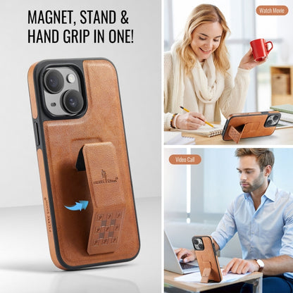 For iPhone 15 Fierre Shann Oil Wax Cow Leather Holder Back Phone Case(Brown) - iPhone 15 Cases by FIERRE SHANN | Online Shopping UK | buy2fix