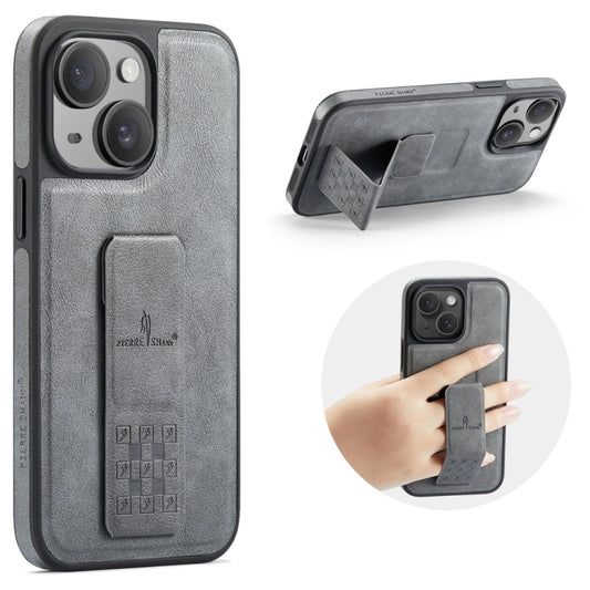 For iPhone 14 Fierre Shann Oil Wax Cow Leather Holder Back Phone Case(Grey) - iPhone 14 Cases by FIERRE SHANN | Online Shopping UK | buy2fix