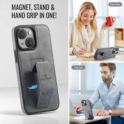 For iPhone 14 Fierre Shann Oil Wax Cow Leather Holder Back Phone Case(Grey) - iPhone 14 Cases by FIERRE SHANN | Online Shopping UK | buy2fix