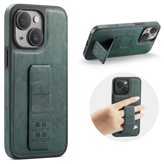 For iPhone 14 Fierre Shann Oil Wax Cow Leather Holder Back Phone Case(Green) - iPhone 14 Cases by FIERRE SHANN | Online Shopping UK | buy2fix