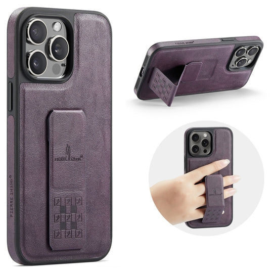 For iPhone 14 Pro Max Fierre Shann Oil Wax Cow Leather Holder Back Phone Case(Purple)
