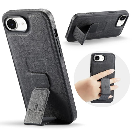 For iPhone 16e Fierre Shann Oil Wax Cow Leather Holder Back Phone Case(Black) - iPhone 16e Cases by FIERRE SHANN | Online Shopping UK | buy2fix