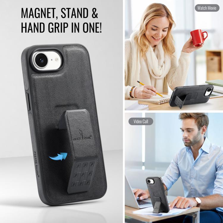 For iPhone 16e Fierre Shann Oil Wax Cow Leather Holder Back Phone Case(Black) - iPhone 16e Cases by FIERRE SHANN | Online Shopping UK | buy2fix