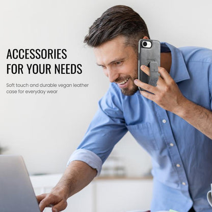 For iPhone 16e Fierre Shann Oil Wax Cow Leather Holder Back Phone Case(Grey) - iPhone 16e Cases by FIERRE SHANN | Online Shopping UK | buy2fix