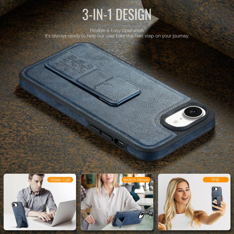 For iPhone 16e Fierre Shann Oil Wax Cow Leather Holder Back Phone Case(Blue) - iPhone 16e Cases by FIERRE SHANN | Online Shopping UK | buy2fix