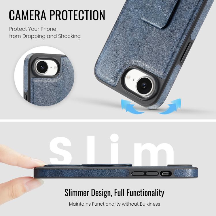 For iPhone 16e Fierre Shann Oil Wax Cow Leather Holder Back Phone Case(Blue) - iPhone 16e Cases by FIERRE SHANN | Online Shopping UK | buy2fix