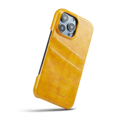 For iPhone 16 Pro Max Fierre Shann Retro Oil Wax Texture Card Slots PU Leather Phone Case(Yellow) by FIERRE SHANN
