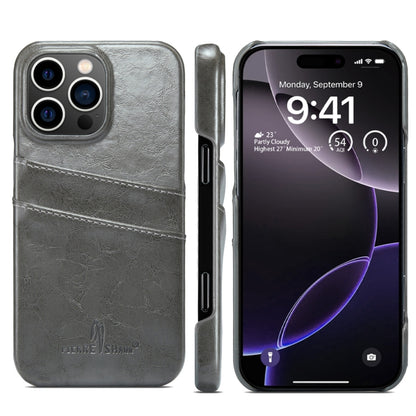 For iPhone 16 Pro Max Fierre Shann Retro Oil Wax Texture Card Slots PU Leather Phone Case(Grey) by FIERRE SHANN