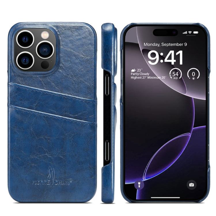 For iPhone 16 Pro Max Fierre Shann Retro Oil Wax Texture Card Slots PU Leather Phone Case(Blue) by FIERRE SHANN