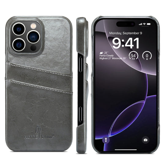 For iPhone 16 Pro Fierre Shann Retro Oil Wax Texture Card Slots PU Leather Phone Case(Grey) by FIERRE SHANN