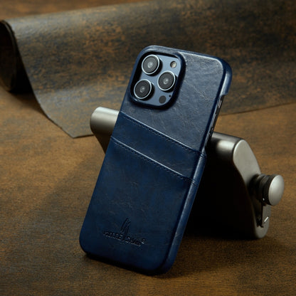 For iPhone 16 Pro Fierre Shann Retro Oil Wax Texture Card Slots PU Leather Phone Case(Blue) by FIERRE SHANN