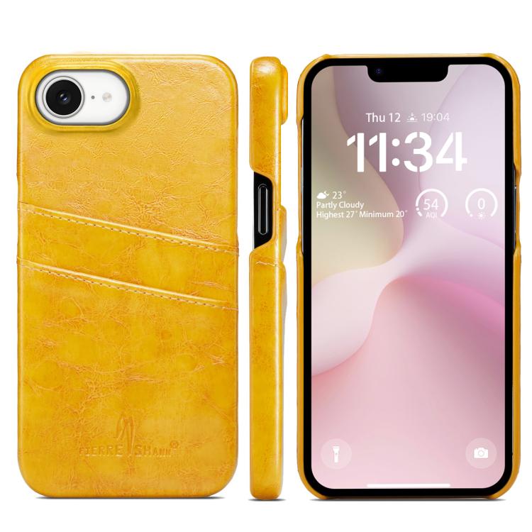 For iPhone 16e Fierre Shann Retro Oil Wax Texture Card Slots PU Leather Phone Case(Yellow) - iPhone 16e Cases by FIERRE SHANN | Online Shopping UK | buy2fix