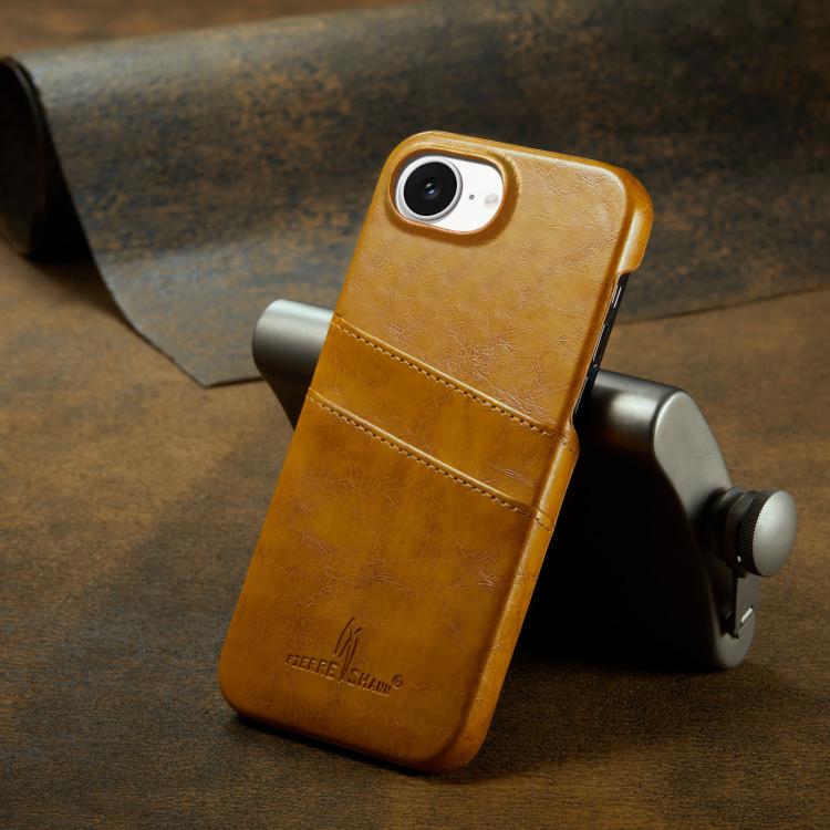 For iPhone 16e Fierre Shann Retro Oil Wax Texture Card Slots PU Leather Phone Case(Yellow) - iPhone 16e Cases by FIERRE SHANN | Online Shopping UK | buy2fix