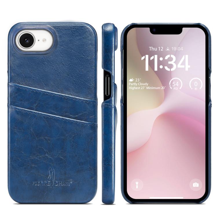 For iPhone 16e Fierre Shann Retro Oil Wax Texture Card Slots PU Leather Phone Case(Blue) - iPhone 16e Cases by FIERRE SHANN | Online Shopping UK | buy2fix