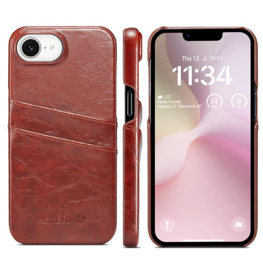 For iPhone 16e Fierre Shann Retro Oil Wax Texture Card Slots PU Leather Phone Case(Brown) - iPhone 16e Cases by FIERRE SHANN | Online Shopping UK | buy2fix