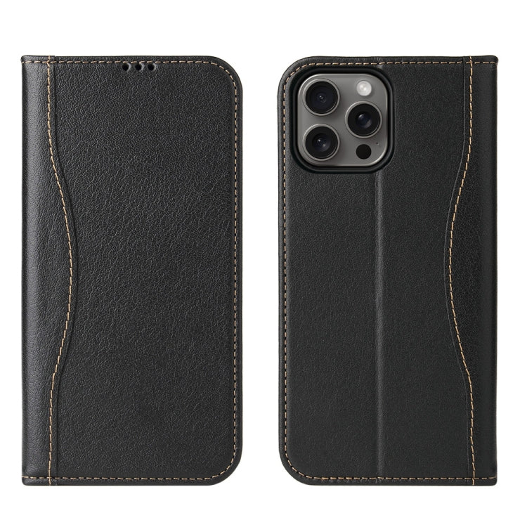 For iPhone 16 Pro Max Fierre Shann Cowhide Leather Flip Leather Phone Case(Black) by FIERRE SHANN