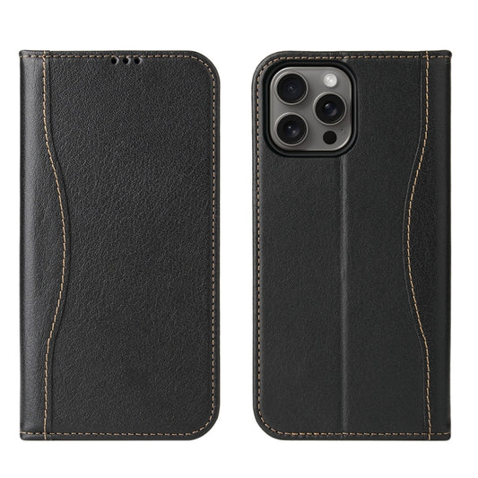 For iPhone 16 Pro Max Fierre Shann Cowhide Leather Flip Leather Phone Case(Black) by FIERRE SHANN