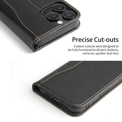 For iPhone 16 Pro Max Fierre Shann Cowhide Leather Flip Leather Phone Case(Black) by FIERRE SHANN