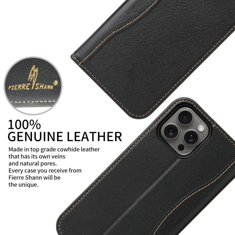 For iPhone 16 Pro Max Fierre Shann Cowhide Leather Flip Leather Phone Case(Black) by FIERRE SHANN