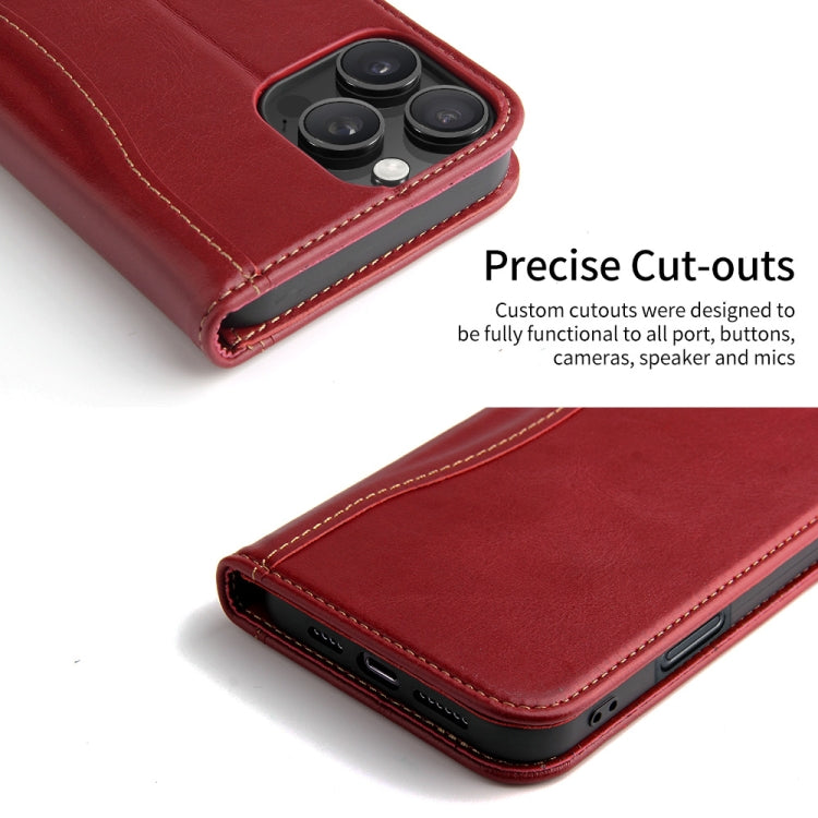 For iPhone 16 Pro Max Fierre Shann Cowhide Leather Flip Leather Phone Case(Red) by FIERRE SHANN