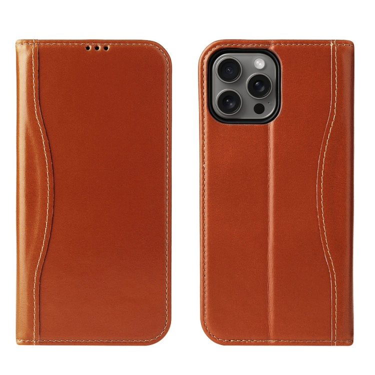 For iPhone 16 Pro Max Fierre Shann Cowhide Leather Flip Leather Phone Case(Brown) by FIERRE SHANN