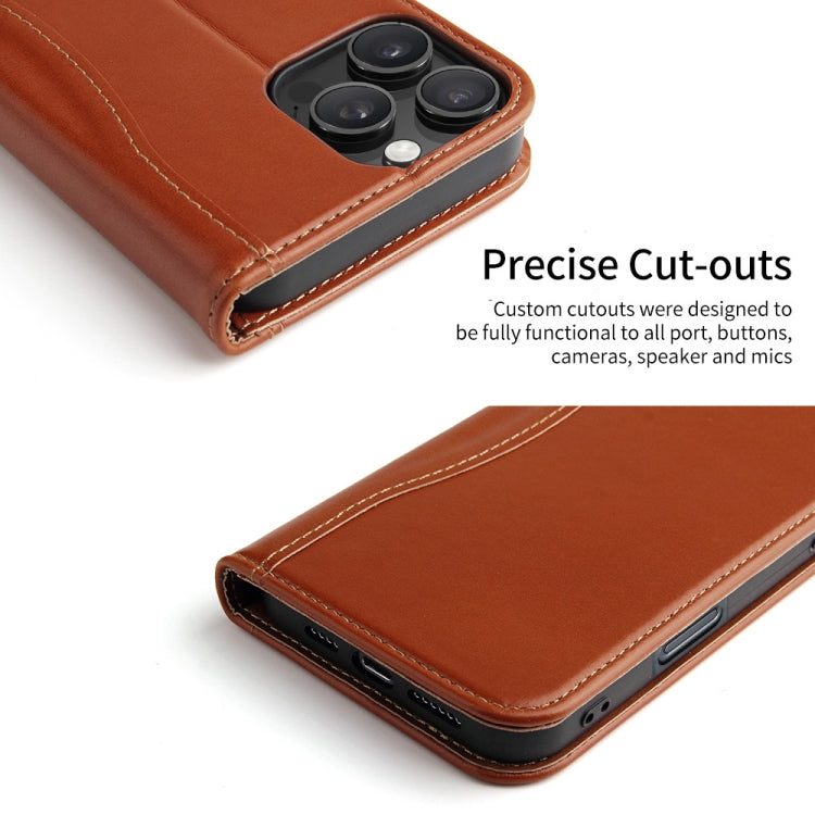 For iPhone 16 Pro Max Fierre Shann Cowhide Leather Flip Leather Phone Case(Brown) by FIERRE SHANN