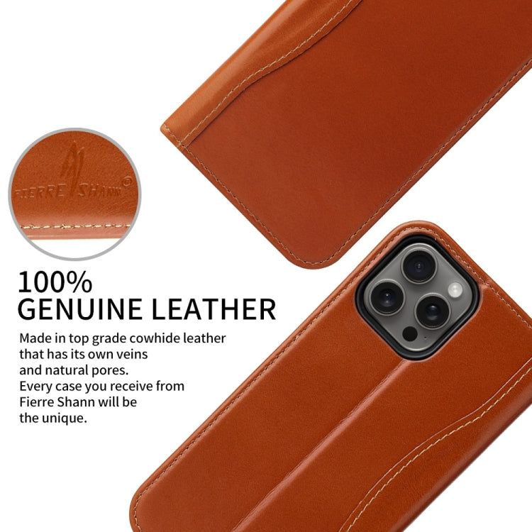 For iPhone 16 Pro Max Fierre Shann Cowhide Leather Flip Leather Phone Case(Brown) by FIERRE SHANN